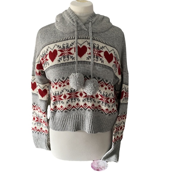Kaisley grey, white and red sweater, small, with hood & Pom Poms. Adorable.(NWT) - Picture 2 of 10